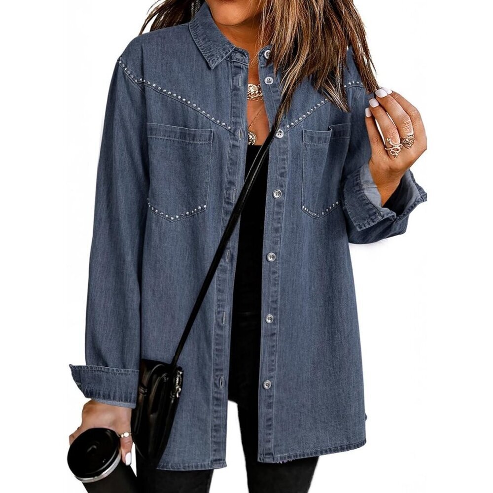 Women's Denim Shirt Long Sleeve Button Down V Neck Denim Jacket Ashleigh Blue